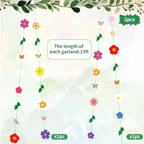 2 Pcs x 13ft Spring Flower Garland Wildflower Party Decor, Wildflower Paper Garland with Butterfly Party Streamers Hanging Decor for Garden Birthday Tea Spring Wedding Baby Shower Party Decorations