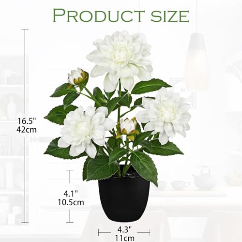 GnFlus Artificial Plants & Flowers in Pot White Dahlia Artificial Flowers Potted Plant Faux Silk Flower with Pot Fake Flower for Home Bathroom Table Centerpieces Wedding Shelf Desk Decor 16.5 Inch - color: White-16.5