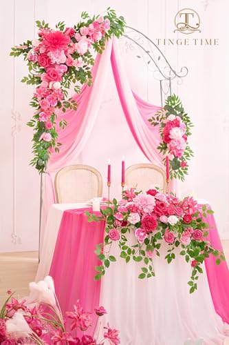 TINGE TIME Artificial Sweetheart Flower Swag with Table Cloth and Table Runner, Pack of 3 Floral Arrangement for Wedding Sweetheart Table Centerpiece Decoration Valentine's Day (Hot Pink) - color: Hot Pink