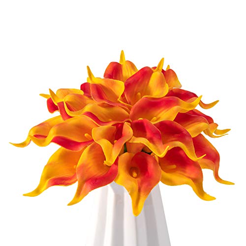 Crafjie 22pcs 13.4 Inch Orange Flowers Artificial Calla Lily Flowers, for Home Decor for Spring Flowers, Home Kitchen, Wedding Decorations, and centerpieces（Sunset） - color: Sunset
