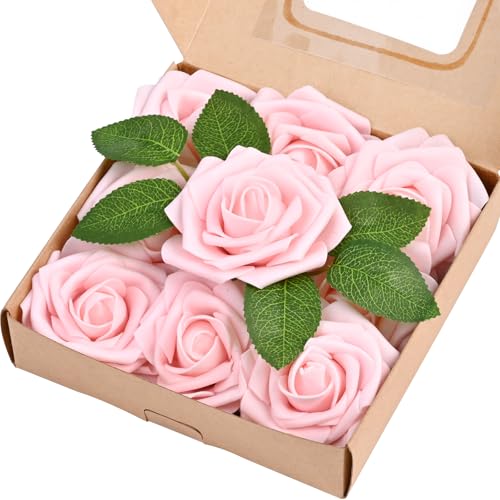9 Pcs Artificial Flowers Fake Rose with Stems - Pink Real Touch Foam Roses for DIY Wedding Bouquet Bridal Shower Cake Toppers Centerpiece Table Valentines Day Supplies Decorations - color: Pink, size: 9Pcs
