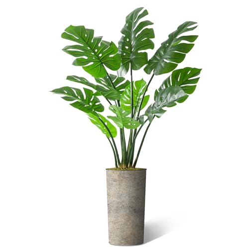 Artificial Tree in Off-White Texture Planter, Fake Monstera Silk Tree for Indoor and Outdoor Home Decoration - 65" Overall Tall (Plant Pot Plus Tree) - style: Monstera Plant
