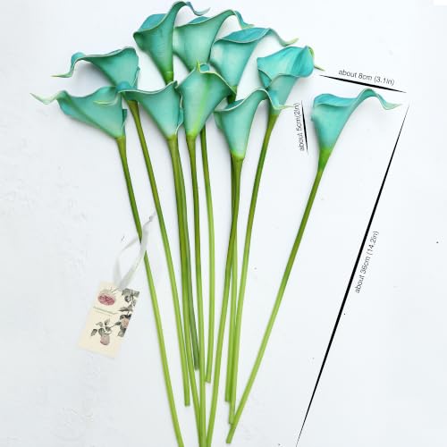 FiveSeasonStuff Cerulean Blue Real Touch Calla Lilies, 15 Artificial PU Flower Stems with Bendable Green Stems, Faux Calla Lily Bouquet for Vase Arrangements - color: Cerulean Blue