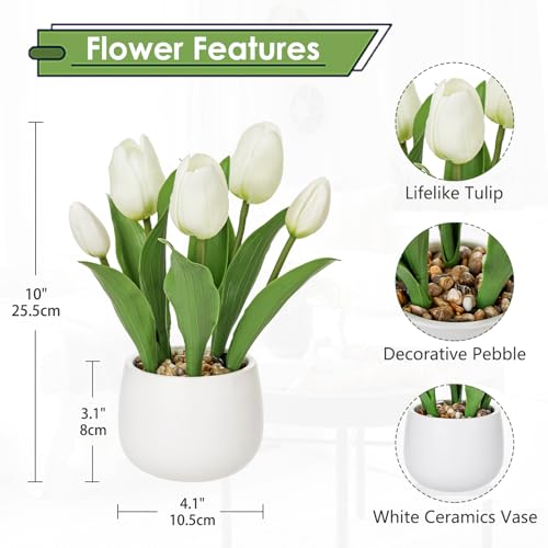 Hollyone White Tulips Artificial Flowers in Vase Fake Tulips Silk Flowers Arrangements Faux Tulip Bulbs with Ceramic Tulip Pot Potted Plants Floral Bouquet for Home Decor Table Centerpiece Decorations - color: Small - White