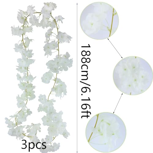 CITYES 3 Pcs Cherry Blossom Garland Hanging Cherry Blossom Vines 18.48 ft White Artificial Cherry Blossom Flower Vines Fake Silk Flower Garland Outdoors for Home Wedding Garden Party Arch Decor - color: White
