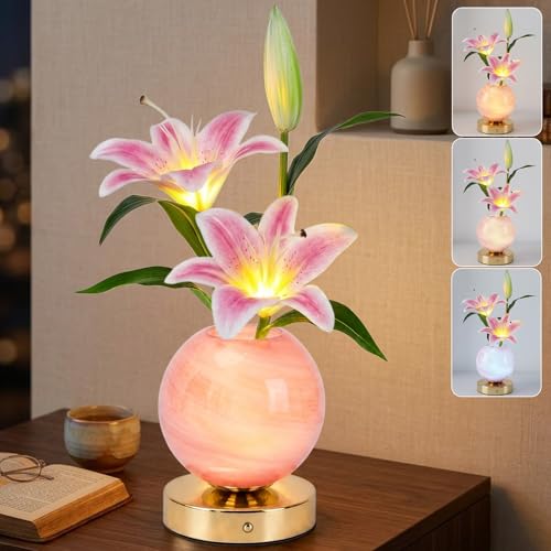 Lily Table Lamp, 3 Color Planet Night Light, Rechargeable Cordless Touch Dimming Artificial Flower Light, LED Flower Bedside Lamp Romantic Gifts for Girl Women Mom (Pink Lily) - color: Pink Lily