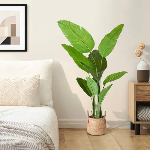 Bird of Paradise Plant Artificial 5.3Ft Tall Fake Tropical Palm Tree with Plastic Pot Silk Floor Plant for Indoor Outdoor Home Office Living Room Decor