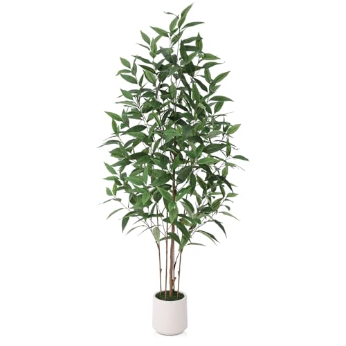 Ferrgoal Artificial Eucalyptus Tree，5FT UV Resistant Fake Outdoor Plants,Artificial Plants Indoor with White Planter,Silk Leaves,Faux Tree for Home Decor Floor Porch Liveing Room - size: 5ft