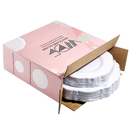 WDF 60pcs Silver Plastic Plates-Baroque White &Silver Plates for Upscale Parties &Wedding-including 30Plastic Dinner Plate 10.25inch, 30 Salad Plate 7.5inch for Baby/Shower/Wedding/Independence Day - color: Silver, size: 60PCS