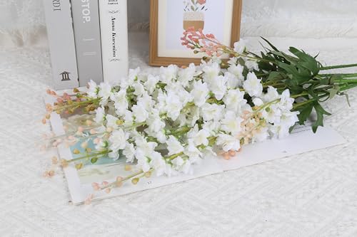6 PCS White Delphinium Artificial Flowers, Long Stem Artificial Flowers with Bendable Stems, Silk Larkspur for Tall Vase Home Garden Wedding Table Decor - color: White
