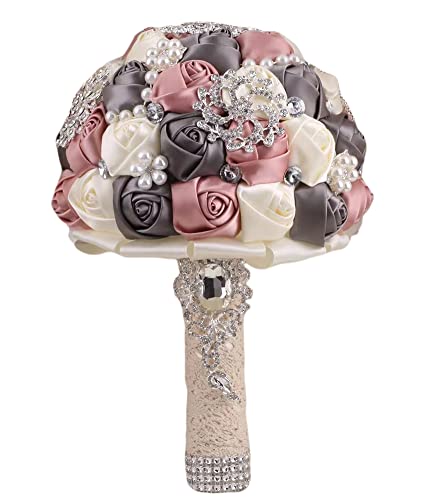 Sharebeauty 7.9 Inch Handmade Satin Rose Bridal Bouquet Toss Round Wedding Bouquet Throw Toss Artificial Flower Bunch Shimmering Blush Pink + Dark Grey + Ivory - color: W3217d06 Shimmering Blush/Dark Grey/Ivory