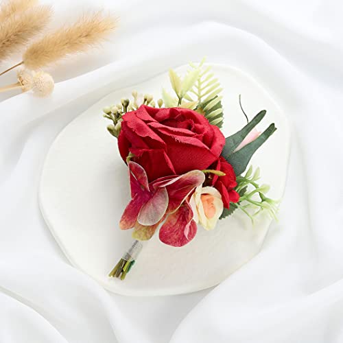 Wedding Flower Boutonniere Red Groom Rose Buttonholes Men's Boutineer Party Suit Decoration Prom Anniversary Accessories for Groomsmans and Man (A-Red) - color: A-red