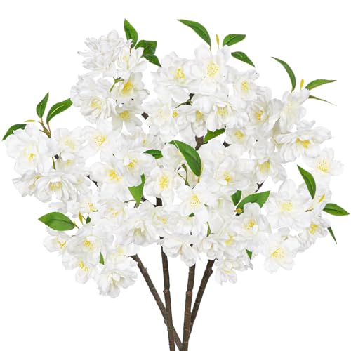 DILATATA 17" Cherry Blossom Branches for Vase Faux Cherry Flowers Picks White Peach Blossom for Floral Arrangements Artificial Apple Blossom Fake Silk Flower for Home Wedding Table Decor-4 Pcs - color: White03 #3