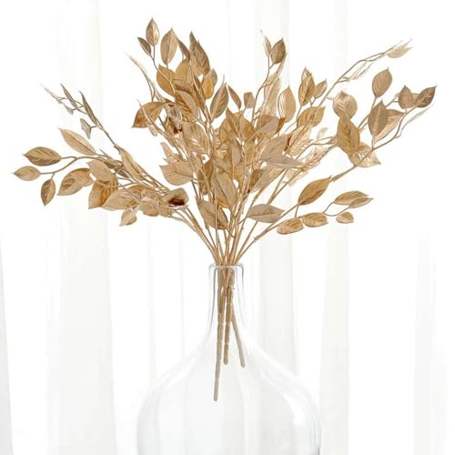 Efavormart 4 Pack 14 inch Metallic Gold Artificial Italian Ruscus Leaves Branches, Faux Spray Plant Stem Vase Fillers for Textured Floral Design - color: Type20