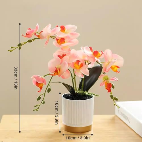 Artificial Orchid Plant with Pot, Realistic Faux Phalaenopsis Orchid with Moss, Lightweight Desktop Decor for Home and Office (Pink Two Branches) - color: Pink Two Branches