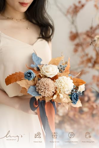 Ling's moment Artificial Bridesmaid Bouquets Set of 6,Brown Wedding Flower Bouquets Navy Blue Floral Bouquet Bridal Bouquets with Ribbon Ceremony Anniversary,7-inch Diameter - color: Or-orange & Navy Blue