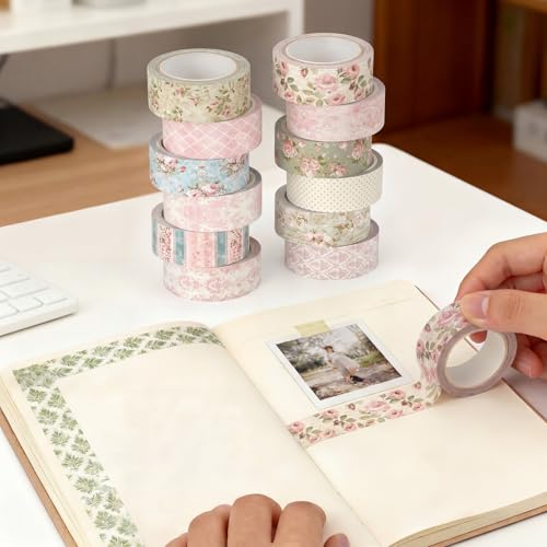 12 Rolls Watercolor Floral Washi Tape Set 15 mm Vintage Flower Decorative Masking Tape for Summer School Arts DIY Craft Scrapbook Journal Supplies Gifts(Vintage Pink,Rose) - color: Vintage Pink, style: Rose