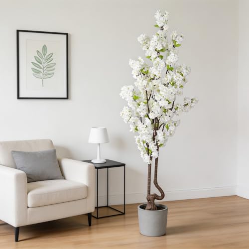 7.2 ft White Artificial Cherry Blossom Tree, Nearly Nature Faux Silk Flower Tree Indoor, Fake Realistic White Flowering Tree for Christmas New Year Home Decor - color: White-ap15