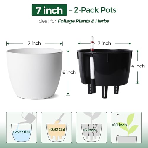 T4U Self Watering Pots for Indoor Plants, 7 Inch Self Watering Planters with Water Level Indicator, Bottom Watering African Violet Pots for Beginners & Busy Plant Owners, BPA-Free (2 Pack, White)
