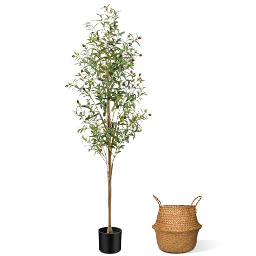 6FT Artificial Olive Tree Indoor, Tall Faux Olive Tree with Pot&Basket, Large Fake Olive Tree with Realistic 1080 Silk Leaves and 60 Fruits for Living Room Home Office Decor - size: 6ft