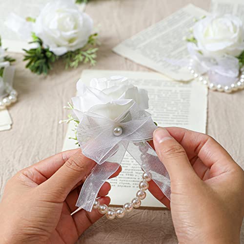 Garisey 2pcs Wedding White Rose Wrist Flowers Artificial Rose Flowers for Ceremony Prom Party Accessories (2 Wrist Corsage White) - color: 2 Wrist Corsage White