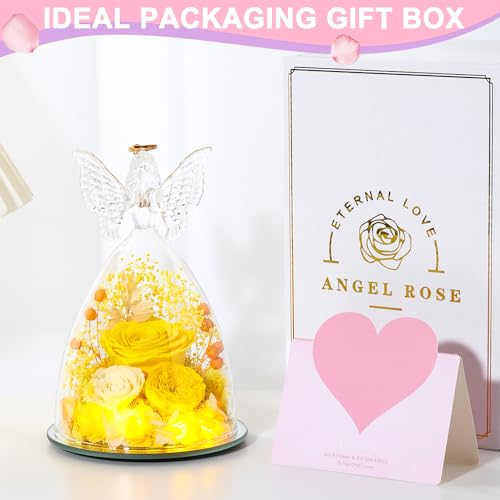 Mothers Day Rose Gifts for Women Preserved Real Flower in Glass Angel Figurines Roses for Delivery Prime Birthday Gifts for Mom Grandma Girlfriend Wife Her,Yellow Austin Roses - color: Yellow With Austin Roses
