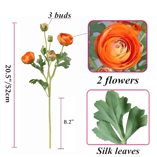 5PCS Artificial Ranunculus Flowers with Silk Flower Real Touch Stem Spray for Home Garden Office Decoration Wedding DIY Arrangements (Orange) - color: Orange