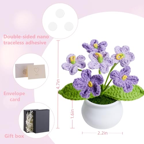 Gradient Purple Crochet Flowers Cute Handmade Knitted Potted Flower Plants Gifts for Mom Grandma Teacher Thank You Appreciation Crochet Gift Cute Decor for Home Room Office Desk Accessories - color: Gradient Purple
