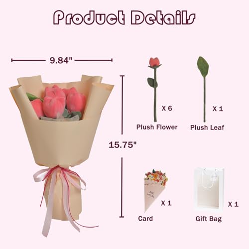 Preserved Bouquet Gift Artificial Flowers Plush Pink Tulip Home Flora Decor for Her Mothers Day Birthday Anniversary Graduation Valentines Gift