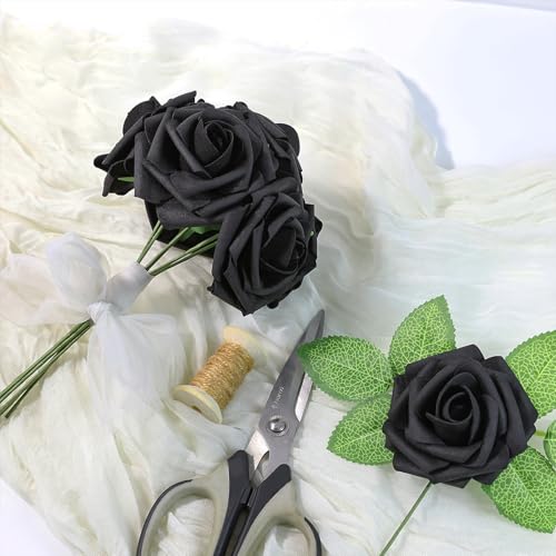 Artificial Flowers 25 Pack Black Faux Foam Roses with Stems, Real Looking Fake Rose for DIY Wedding Bouquets, Bridal Shower Centerpieces, Party Table Decorations, Home Decor - color: Black, size: 25Pcs