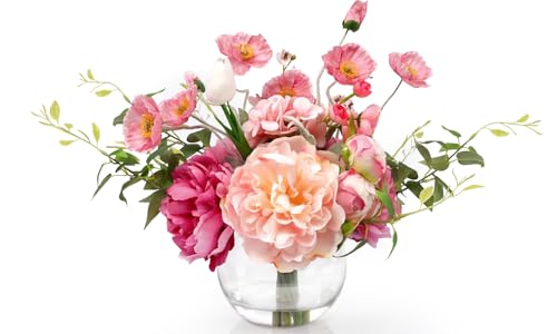 Artificial Flowers in Vase,Realistic Silk Peonies and Tulip Faux Flowers with Faux Water,Perfect for Table Centerpiece,Wedding,Fuchsia Fake Peonies in Vase for Floral Arrangements - color: Mix Peony-fuchsia
