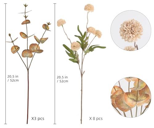 8 Stems Faux Kiku Flower with 3 Branches Eucalyptus Stems,Beige Fake Chrysanthemum Flowers Artificial Silk Pom Pom Balls for Wedding Bouquet Home Office Party Floral Arrangements(Beige) - color: Beige