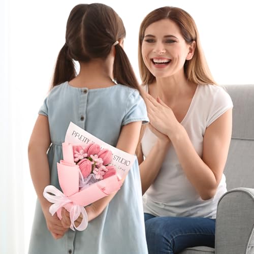 Completed Pipe Cleaners Tulip Flowers Bouquet, Pink Handmade Pipe Cleaners Bouquet, 5 Tulip 10 Daisy 15 PCS for Christmas Mother's Day Birthday Wedding Home Decor Gifts for Mom - color: Pink