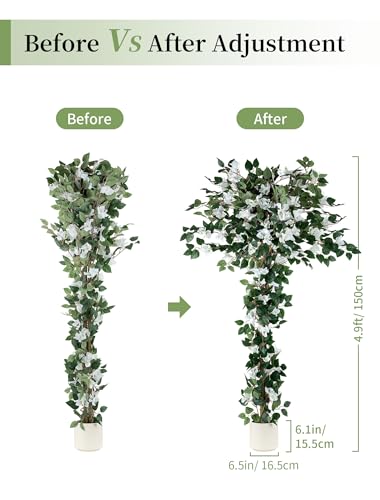 BLOSMON Bougainvillea Artificial Flower Tree: 5ft White Fake Flower Plant for Front Porch Decor - Faux Silk Floral Trees with Pot for Outdoor Garden Patio Indoor Home Office Floor Decoration - color: White Bougainvillea