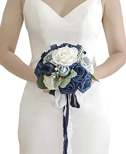 Lookein 7 Inch Wedding Bouquet Artificial Flowers Bouquet Bridesmaid Bouquet Bridal Bouquet Tossing Bouquet for Wedding Ceremony Bridal Shower, Classic Navy Blue - color: 7" Classic Navy Blue