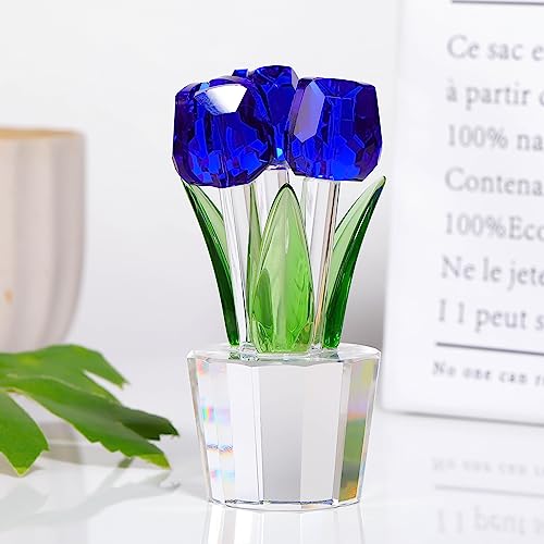 Qianwei Crystal Tulips Flowers Figurine Blue with Vase - Glass Flower Bouquet Collectible Figurines Crystal Office Home Decor Paperweight - Tulip Gifts for Women Mom Bestfriend Wedding Anniversary - color: Blue Tulip