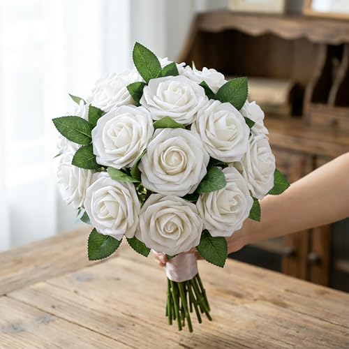 30pcs Real Looking White Foam Artificial Roses with Stems, Fake Rose Flowers for DIY Wedding Bouquets Bridal Shower Centerpieces Home Party Tables Valentine's Day Mother's Day Decor Gift - color: 30pcs White