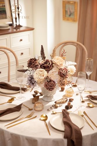 TINGE TIME Silk Fake Flowers Combo, Fake Foam Roses with Stems for DIY Wedding Bouquets Centerpieces Baby Shower Party Home Decorations(Brown & Nude Color) - color: Brown & Nude Color