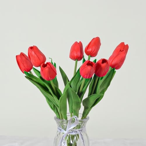 Artificial Flowers Tulips Fake Flowers Real Touch Latex Tulips Faux Flowers Bouquet for Wedding Party Arrangements Home Decor and Baby Shower Centerpieces (10, Red) - color: Red