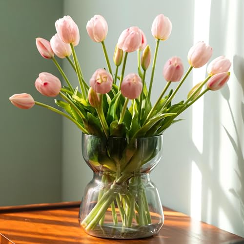Avoeco 20Pcs Artificial Tulips Flowers Real Touch Latex – Faux Tulips Bouquet for Home Decor, Wedding Centerpieces, Spring Floral Arrangements, Fake Flowers for Vase Decoration (20, Pink Light) - color: Pink Light