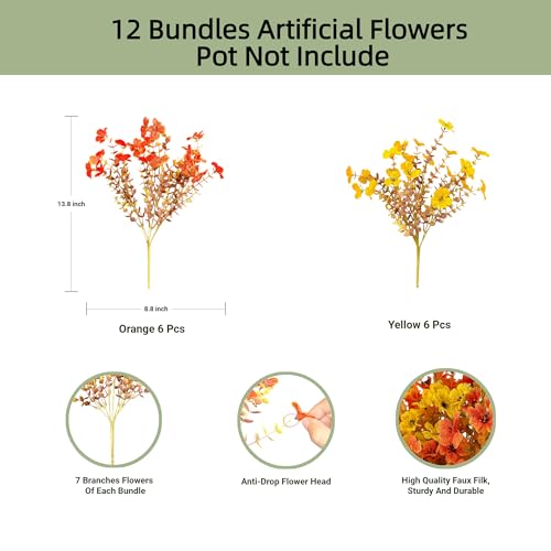 Artificial Flowers for Outdoor Indoor Decoration, Faux Flower Daisy with Eucalyptus Leaves Fake Plants Dried Flower Greenery Boxwood Porch Patio, 12 Bundles (Orange Yellow Fall) - color: Orange Yellow Fall