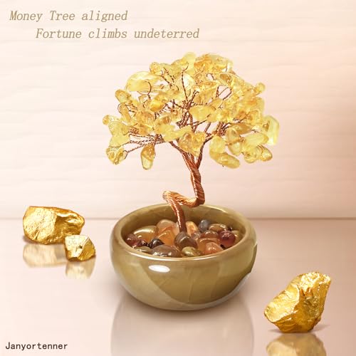 Mini Citrine Crystal Money Tree,Wealth Home Office Desk Decor,Handmade Copper Wire in Crackle Ceramic Base,Feng Shui Office Gift - color: 2-golden Hour