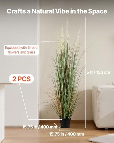 VEVOR Artificial Grass Plant, 2 Pack 59 inch Faux Reed Flower Grass in Pot, Premium PVC Fake Greenery Shrubs Plant for Indoor Outdoor House Home Garden Office Room Décor, Housewarming, Green - color: Reed Flowers and Grass, size: 5FT