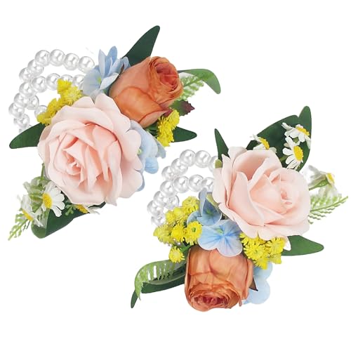 Rinlong 2Pcs Pink Blue Wrist Corsage for Wedding, Prom, Homecoming | Bridesmaid, Mother of the Bride Corsage - color: 15-spring Garden