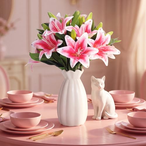 12 Bundles Pink Lily Artificial Flower with 12 Head Full Bloom Lily & 24 Bud Rhinestone Fake Permanent Flower Wedding Party Decor Home Hotel Bouquet Centerpiece Floral Arrangement - color: Pink, style: Rhinestone Lily