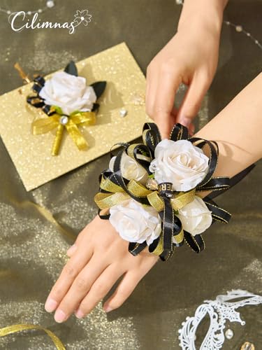 Prom Corsage and Boutonniere Set Champagne,Artificial Silk Rose Wrist Corsage for Homecoming, Formal Dance Party, Wedding,Graduation,Anniversary - color: Champagne