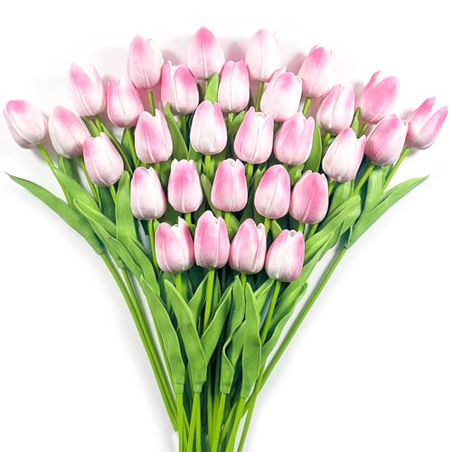 30 PCS Artificial Tulips Real Touch Tulips 13.5inch Long Stem Fake Flowers Silk Flowers for Spring Easter Mother's Day Decorations（Light Pink） - color: Light Pink