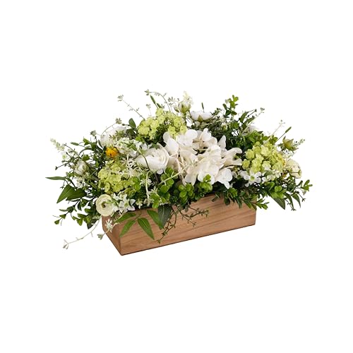 Spring Summer Centerpiece for Table, 18" L Lifelike Artificial Flowers in Rustic Whitewashed Rectangular Wood Box, Lush Spring Faux Floral Arrangement Farmhouse Mantel Shelf Kitchen Island Decor