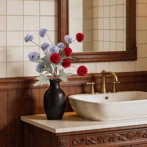 INQCMY Artificial Flowers 12 Pcs Fake Chrysanthemums Faux Kiku Flower Long Stem 20" Realistic Silk Pompon Mums for Vase Wedding Bouquets Centerpieces Home Decor (Red Haze Blue) - color: Red Haze Blue