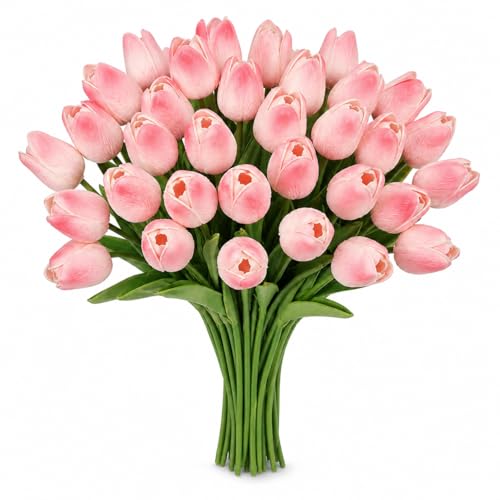 MACTING 30 PCS Artificial Tulip Flowers 13.7" Real Touch Fake PU Tulips Bouquet Faux Flowers for Floral Arrangements Table Centerpieces Kitchen Indoor Home Mothers Day Decorations,Peach Pink - color: Peach Pink